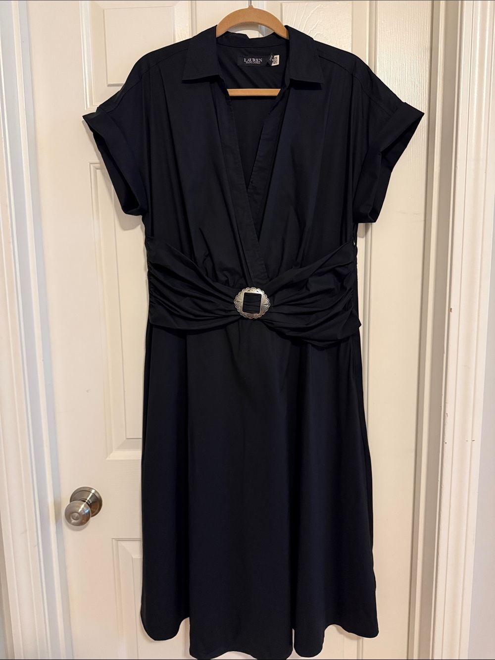 Lauren Ralph Lauren Navy Short-Sleeve Wrap Dress with Decorative Buckle